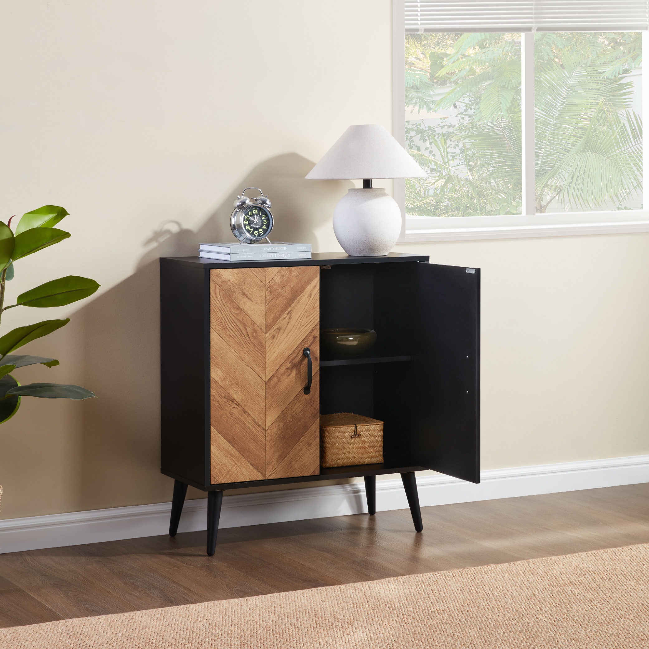 Accent Cabinet With Adjustable Shelf, Kitchen Storage Cabinet With Herringbone Design, Black Sideboard For Living Room, Kitchen, Entryway_voghion.com